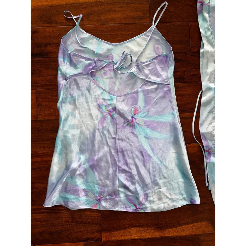 California Dynasty Nightgown Robe Set Womens Large Purple Blue Floral Satin VTG - Picture 5 of 9